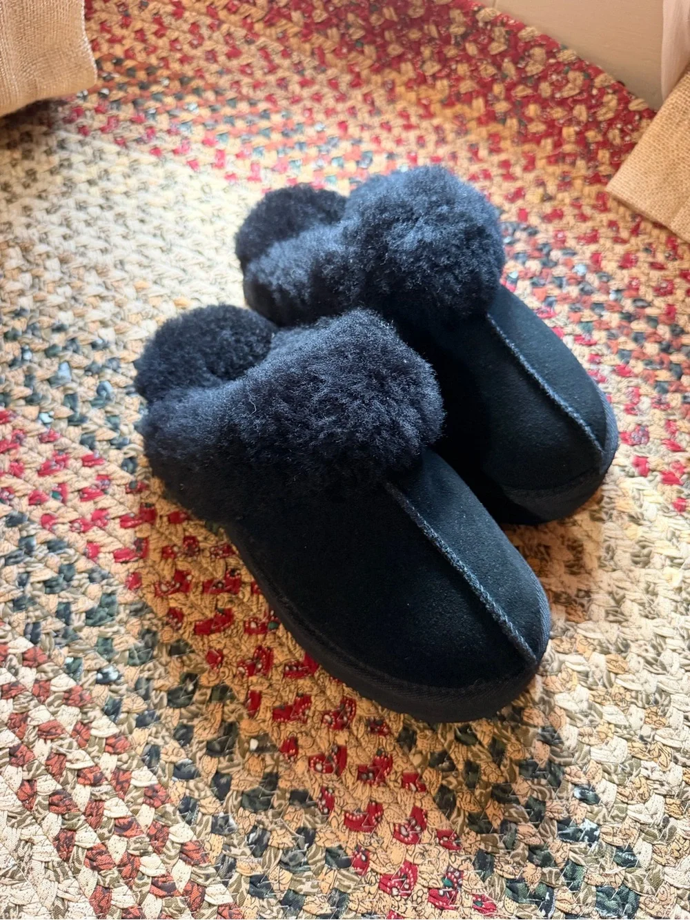 UGG Black Kids Shearling Cuff Slip-On Slippers BRAND NEW